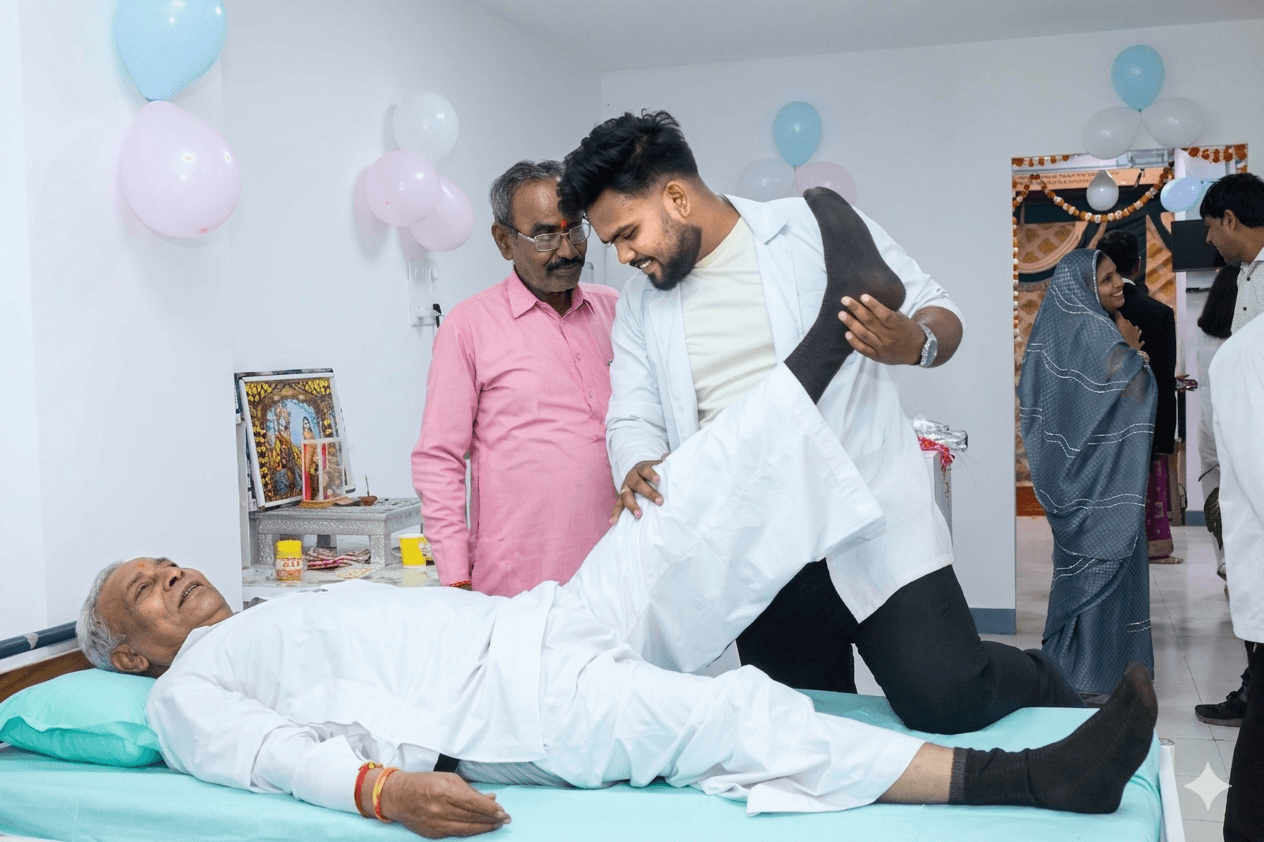 Doctor performing leg raise therapy on elderly patient on opening day