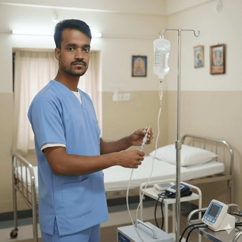 Male caregiver managing medical equipment